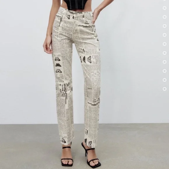 zara newspaper print pants